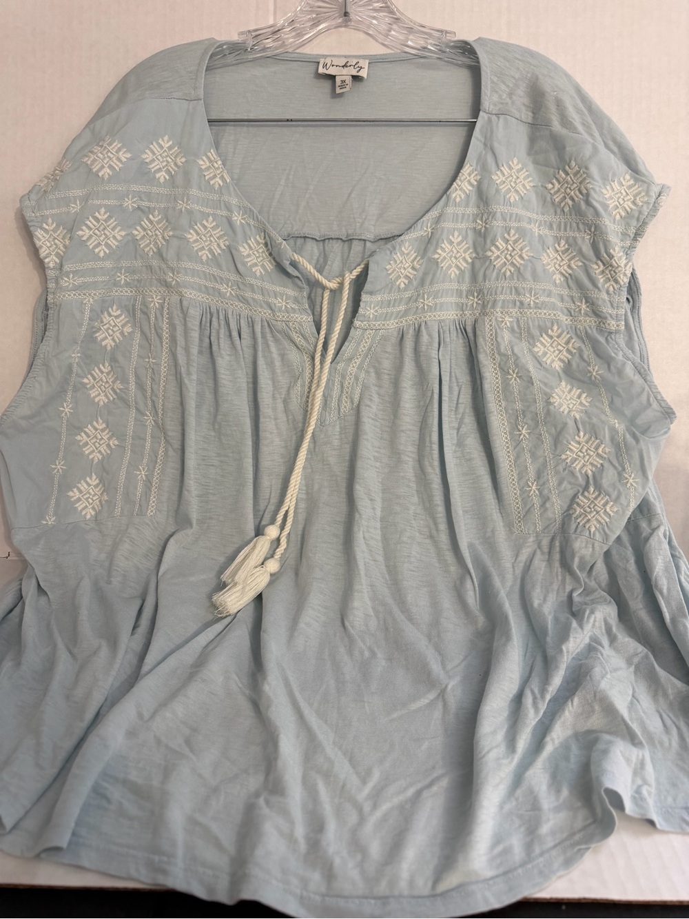 Wonderly Pale Blue Embroidered Tassel Peasant Blouse